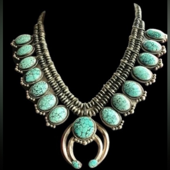 Authentic Navajo Esther Wood Sterling Silver Turquoise Squash Blossom Necklace - Picture 5 of 6